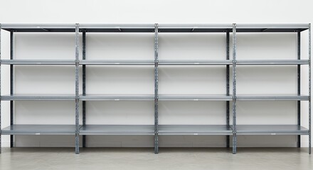 An empty metal shelving unit against a white wall, symmetry and balance, clean industrial photo
