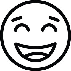 A simple, bold outline of a smiling face with raised eyebrows, wide eyes, and a large, open-mouthed grin. The face is enclosed within a circular border, conveying happiness and joy.