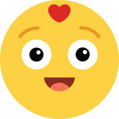 Fototapeta premium A cheerful yellow emoji face with large white eyes and a wide smile. A small red heart is placed on its forehead, indicating affection or love. The overall expression conveys happiness and warmth.
