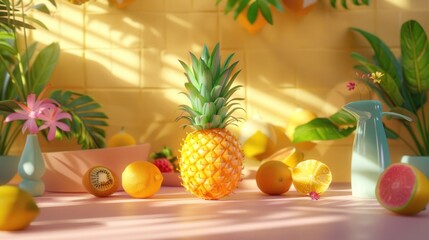 Colorful pineapple and citrus fruit still life display