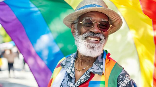 Smiling older man with glasses and a hat against a vibrant rainbow flag embracing pride and joy
