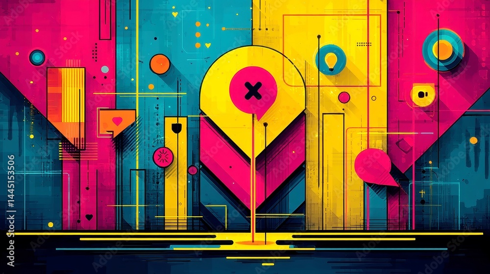 Poster dynamic ux testing visualization, engaging user experience concepts with bold primary colors, animat