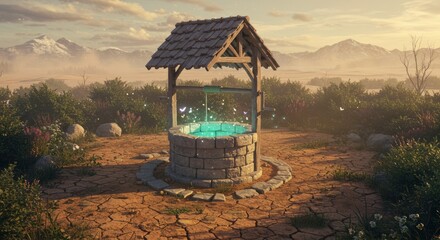 Wishing Well with Glowing Water in a Sunny Landscape Setting