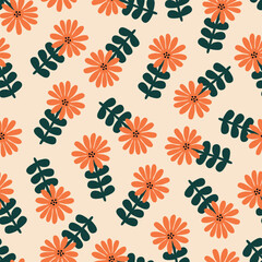 Cute orange flowers hand drawn vector illustration. Summer  floral seamless pattern for kids fabric or wallpaper.