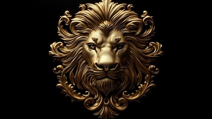 Ornate golden lion head, Baroque style, dark background