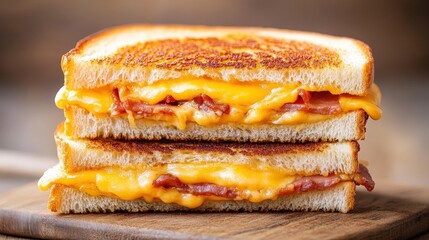 A stacked grilled cheese sandwich with crispy bacon and melted cheddar on golden toasted bread, served on a wooden board.