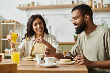 Joyful moments shared over breakfast in a cozy home setting between a loving couple