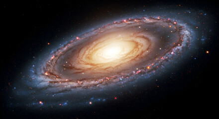 Fototapeta premium Spiral galaxy with swirling arms of light and dark nebulae against a black backdrop