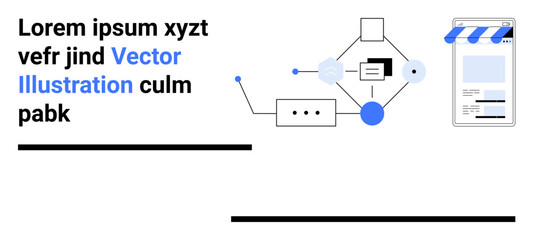 Network diagram with flowchart, text interfaces, and mobile app design elements. Ideal for communication, technology, UIUX, digital flow, app development, project planning simple landing page