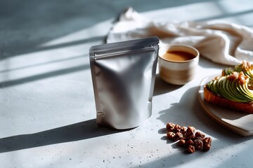zip package metallic mockup, snacks, nuts, healthy food