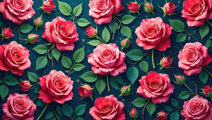 Fototapeta premium Intricate blooming roses & leaves, repeating pattern, retro, green