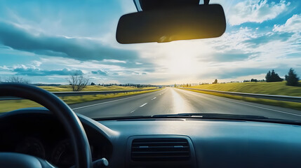 A dynamic point-of-view shot from inside a moving car on a highway, capturing the sense of motion and travel. The bright sky and open road evoke feelings of freedom and adventure