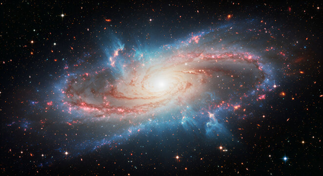 Spiral galaxy with vibrant colors and detailed structures in deep space.  Vast expanse of stars and nebulae