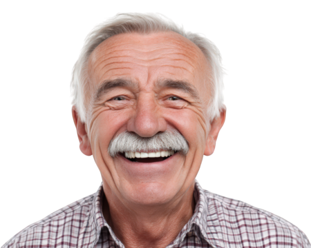 Smiling elderly man with gray hair and mustache, wearing checkered shirt, exuding warmth and happiness against transparency background. His joyful expression brings sense of positivity