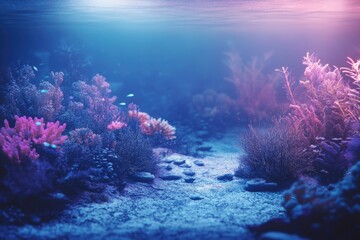 Obraz premium Serene underwater scene with vibrant coral reefs, diverse marine plants, and a few fish swimming.