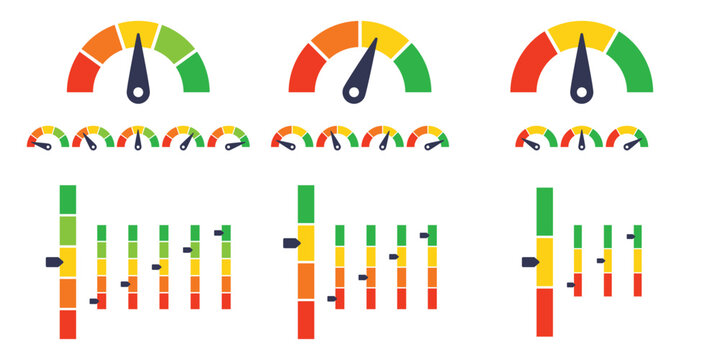 Gauge levels diagram shows meter dials and bar indicators representing measurement, performance, and progress. Outline diagram