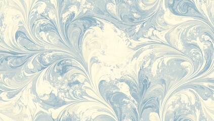 Delicate, flowing abstract pattern in light pastel shades of cream and blue.  Intricate swirls and marbled textures create a serene, elegant design