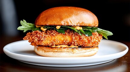 Burger with a golden crispy chicken patty, honey mustard sauce, bright white plate, natural sunlit surface, clean composition for food presentation, no humans visible