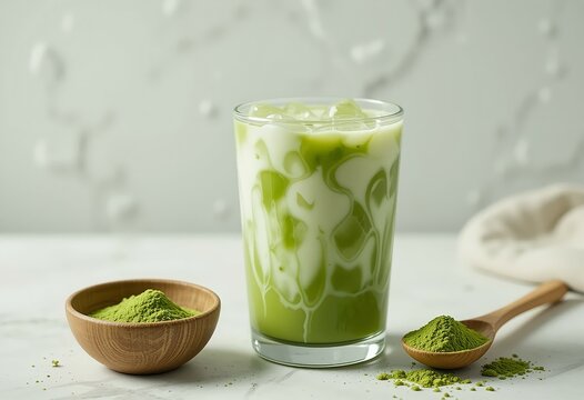 Refreshing Iced Matcha Latte with Milk Swirls