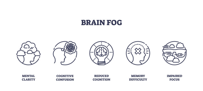 Brain fog is shown by icons of clouds over heads, a brain, and memory symbols, representing confusion, reduced cognition, and impaired focus. Outline icons set