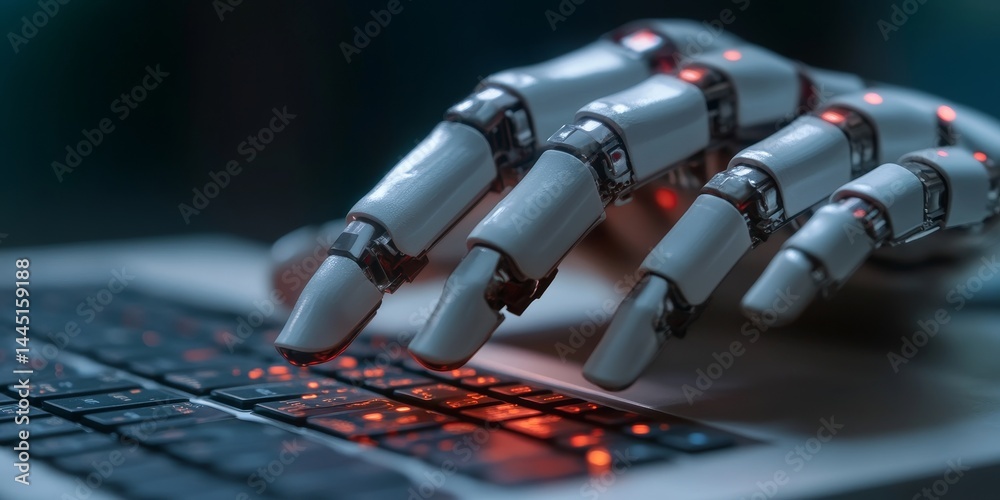 Wall mural robotic hand typing on laptop keyboard, artificial intelligence and automation concept