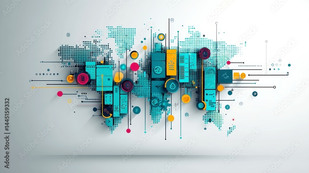 Poster e-commerce ecosystem map, a data-driven representation showcasing dynamic financial icons and tech g