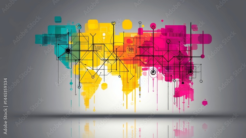 Poster e-commerce ecosystem visualization, a data-driven map illustrating a networked world of online comme