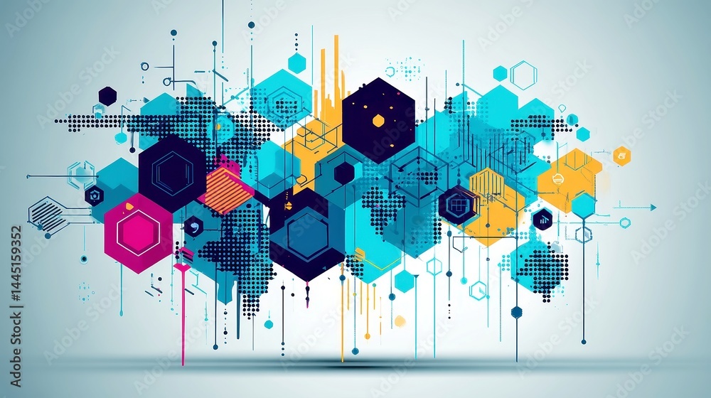 Poster e-commerce map visualization, a data-driven representation of a global network, featuring dynamic fi