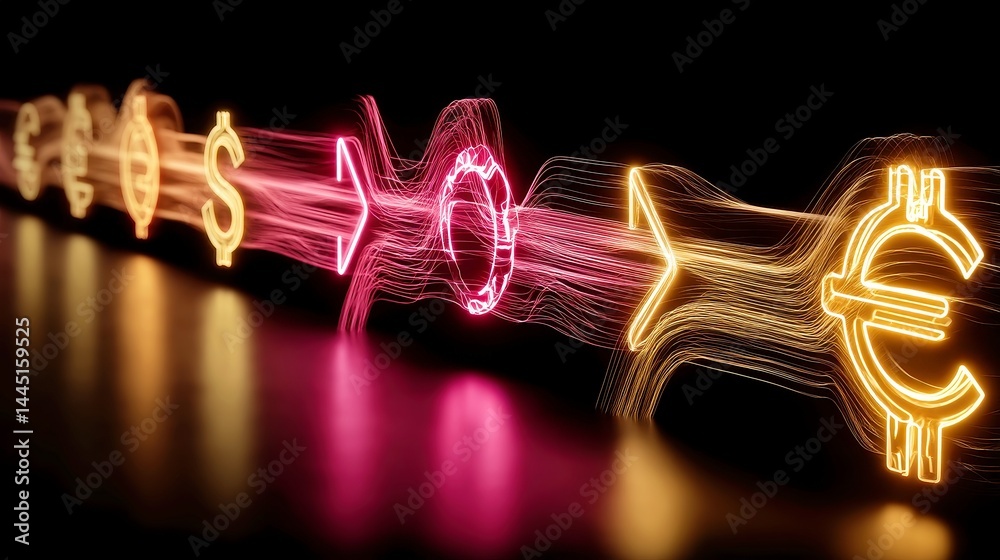 Poster neon payment flow concept, futuristic payment infrastructure design showcasing cross-border transact