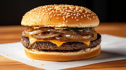 Smashburger style burger with caramelized onions, bright lighting, sesame bun texture detail, studio setup with clear highlights and soft backdrop
