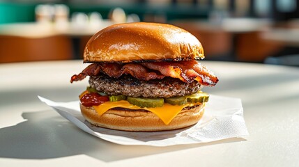 A freshly served greasy bacon burger on a bright table, oily wrapper underneath, thick patty with visible grill marks, cheese melting over the edges, ketchup and pickles popping with contrast,