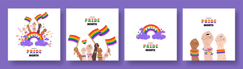 Set of greeting banner, card, poster, cover set with LGBTQ symbol. Vector design template for Pride Month celebration.
