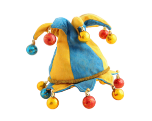 Colorful jester hat featuring bright blue and yellow fabric, adorned with playful bells red and yellow. This whimsical accessory is perfect for festive occasions and adds fun touch to any outfit