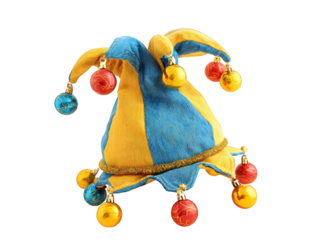 Colorful jester hat featuring bright blue and yellow fabric, adorned with playful bells red and yellow. This whimsical accessory is perfect for festive occasions and adds fun touch to any outfit
