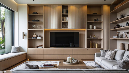 Modern living room interior with built in shelves and entertainment center
