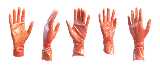 Five protective orange latex gloves are shown in different hand positions and angles isolated on a clean transparent background for industry.