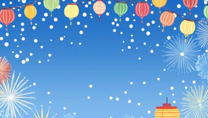 Festive celebration with lanterns, fireworks, and snow