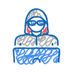 hacker work at laptop icon doodle illustration