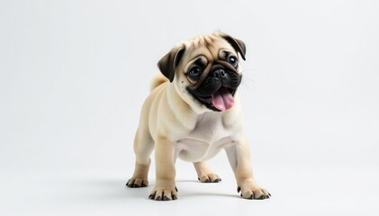 Obraz premium Playful pug puppy standing, white background, paws visible, dog, pet, brown