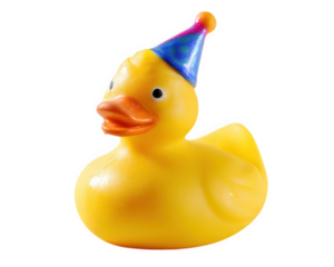 Playful rubber duck wearing tiny party hat, bright yellow in color, perfect for celebrations and fun. This charming toy brings joy and laughter to any occasion