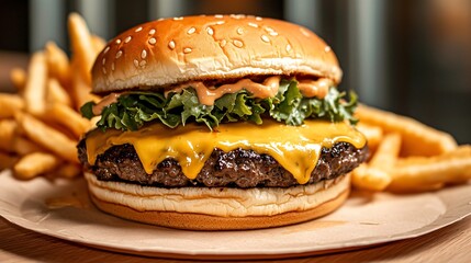 Greasy cheeseburger on clean paper plate, soft bun pressed down by melted layers, natural light enhancing sauce texture and oily meat glisten, modern fast food scene with minimal distraction