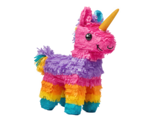 Cheerful pinata shaped like unicorn, featuring vibrant colors of pink, purple, and blue, perfect for celebrations and parties. This fun decoration adds joy and excitement to any event
