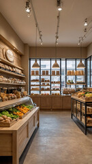 modern grocery store in neutral beige color scheme showcasing fresh fruits vegetables healthy food display organized retail space Premium Store Interior Photography