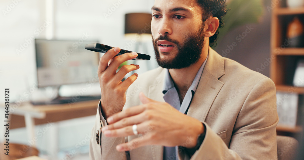 Poster man, phone and speaker in office for business, voice memo and speech to text for agenda update. admi