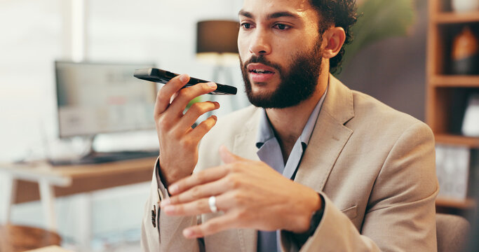 Man, phone and speaker in office for business, voice memo and speech to text for agenda update. Administrator, thinking and mobile in agency for audio message, contact agent and communication on call - Powered by Adobe