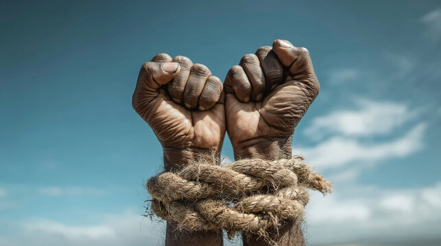 Close-up of bound wrists against a sky background, depicting struggle and constraint, symbolizing oppression or captivity, conveying a sense of powerlessness