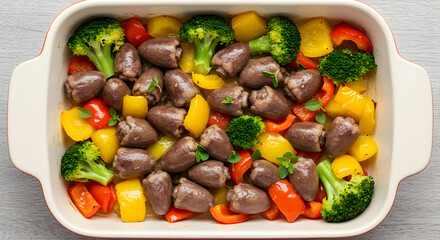 Delicious Chicken Hearts with Peppers and Broccoli Bake isolated on transparent background