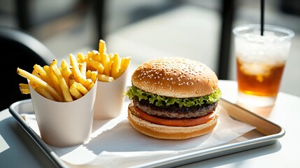 Bright white scene with a burger meal combo on tray, fries in paper cup, drink beside burger, high contrast detail, clean and minimal food setup