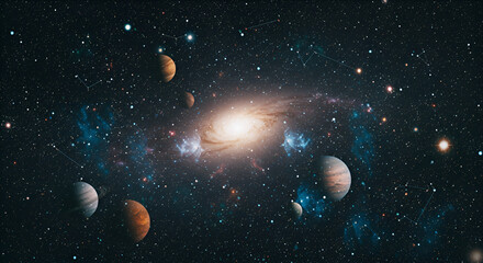 Vast expanse of deep space, showcasing a vibrant spiral galaxy with numerous planets and stars scattered throughout