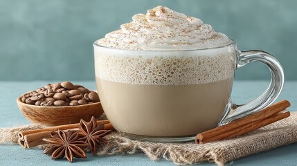Delicious Coffee Latte with Whipped Cream, Cinnamon, Spices and Coffee Beans